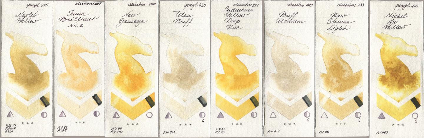 Golden QOR 435 Naples Yellow, Daniel Smith 257 Jaune Brilliant No 2, 060 New Gamboge, 430 Titan Buff, 221 Cadmium Yellow Deep Hue, 009 Buff Titanium, 233 Raw Sienna Light, 140 Nickel Azo Yell watercolor swatch