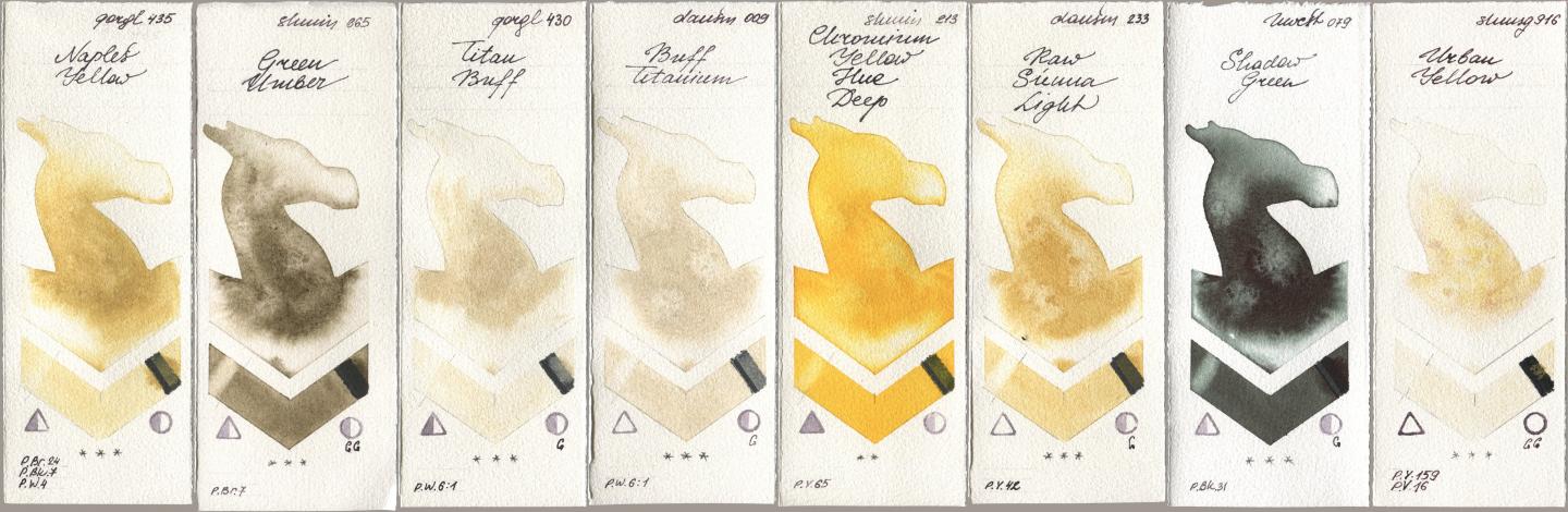 Golden QOR 435 Naples Yellow, Shminke Horadam Aquarell 665 Green Umber, 430 Titan Buff, Daniel Smith 009 Buff Titanium, 213 Chrome Yellow Deep LF (Chromium Yellow Hue Deep), 233 Raw Sienna Light, Holbein Artists Watercolor 079 Shadow Green, 916 Urban Yell watercolor swatch