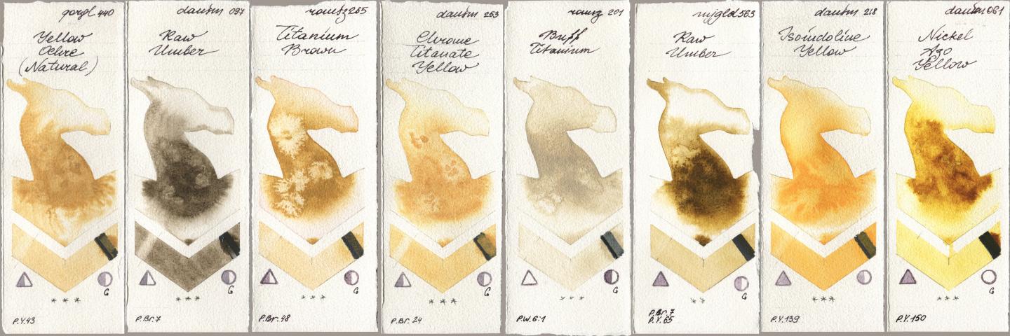 Golden QOR 440 Yellow Ochre (Natural), Daniel Smith 097 Raw Umber, Roman Szmal Aquarius 265 Titanium Brown, 253 Chrome Titanate Yellow, 201 Buff Titanium, Mijello Mission Gold 563 Raw Umber, 218 Isoindoline Yellow, 061 Nickel Azo Yell watercolor swatch