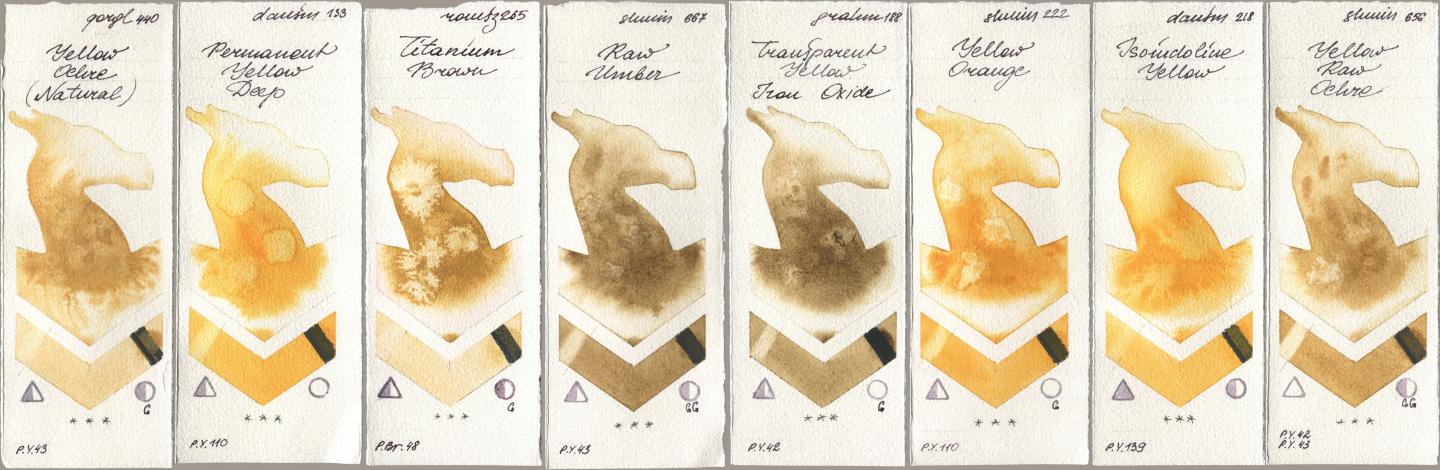 Golden QOR 440 Yellow Ochre (Natural), Daniel Smith 133 Permanent Yellow Deep, Roman Szmal Aquarius 265 Titanium Brown, Shminke Horadam Aquarell 667 Raw Umber, M. Graham & Co. Artists 188 Transparent Yellow Iron Oxide, 222 Yellow Orange, 218 Isoindoline Yellow, 656 Yellow Raw Och watercolor swatch