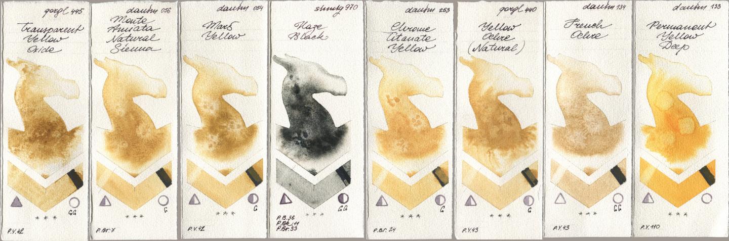 Golden QOR 445 Transparent Yellow Oxide, Daniel Smith 056 Monte Amiata Natural Sienna, 054 Mars Yellow, Shminke Horadam Aquarell 970 Haze Black, 253 Chrome Titanate Yellow, 440 Yellow Ochre (Natural), 134 French Ochre, 133 Permanent Yellow De watercolor swatch