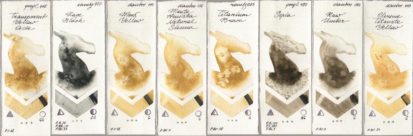 Golden QOR 445 Transparent Yellow Oxide, Shminke Horadam Aquarell 970 Haze Black, Daniel Smith 054 Mars Yellow, 056 Monte Amiata Natural Sienna, Roman Szmal Aquarius 265 Titanium Brown, 490 Sepia, 097 Raw Umber, 253 Chrome Titanate Yell watercolor swatch