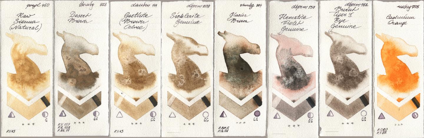 Golden QOR 450 Raw Sienna (Natural), Shminke Horadam Aquarell 923 Desert Brown, Daniel Smith 144 Goethite (Brown Ochre), 209 Sicklerite Genuine, 964 Glacier Brown, 157 Hematite Violet Genuine, 162 Burnt Tigers Eye Genuine, Rosa Gallery 705 Cadmium Oran watercolor swatch