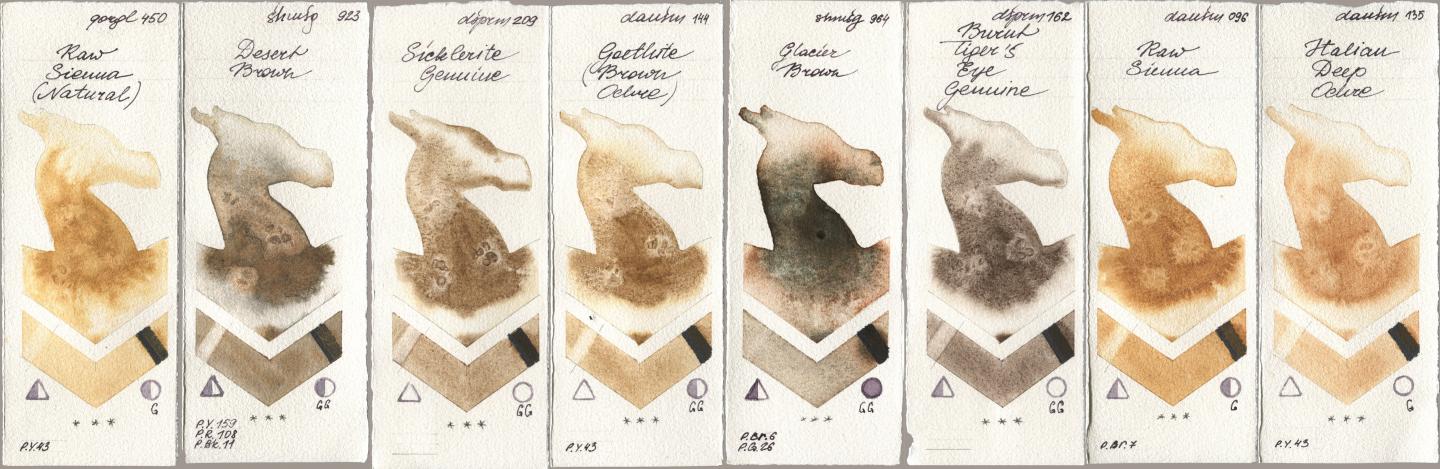 Golden QOR 450 Raw Sienna (Natural), Shminke Horadam Aquarell 923 Desert Brown, Daniel Smith 209 Sicklerite Genuine, 144 Goethite (Brown Ochre), 964 Glacier Brown, 162 Burnt Tigers Eye Genuine, 096 Raw Sienna, 135 Italian Deep Och watercolor swatch