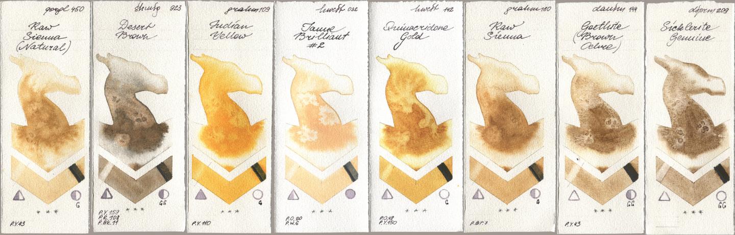 Golden QOR 450 Raw Sienna (Natural), Shminke Horadam Aquarell 923 Desert Brown, M. Graham & Co. Artists 109 Indian Yellow, Holbein Artists Watercolor 032 Jaune Brillant No 2, 142 Quinacridone Gold, 160 Raw Sienna, Daniel Smith 144 Goethite (Brown Ochre), 209 Sicklerite Genui watercolor swatch