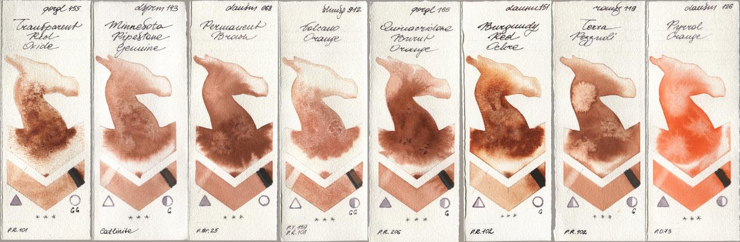 Golden QOR 455 Transparent Red Oxide, Daniel Smith 143 Minnesota Pipestone Genuine, 068 Permanent Brown, Shminke Horadam Aquarell 912 Volcano Orange, 165 Quinacridone Burnt Orange, 151 Burgundy Red Ochre, Roman Szmal Aquarius 119 Terra Pozzuoli, 126 Pyrrol Oran watercolor swatch