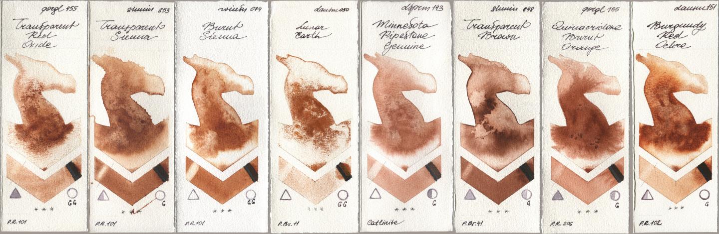 Golden QOR 455 Transparent Red Oxide, Shminke Horadam Aquarell 653 Transparent Sienna, Winsor & Newton Professional 074 Burnt Sienna, Daniel Smith 050 Lunar Earth, 143 Minnesota Pipestone Genuine, 648 Transparent Brown, 165 Quinacridone Burnt Orange, 151 Burgundy Red Och watercolor swatch