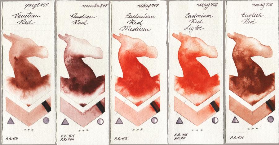 Golden QOR 465 Venetian Red vs Royal Talens Rembrandt Watercolour 347 Indian Red vs Rosa Gallery 707 Cadmium Red Medium vs 706 Cadmium Red Light vs 736 English Red watercolor swatch