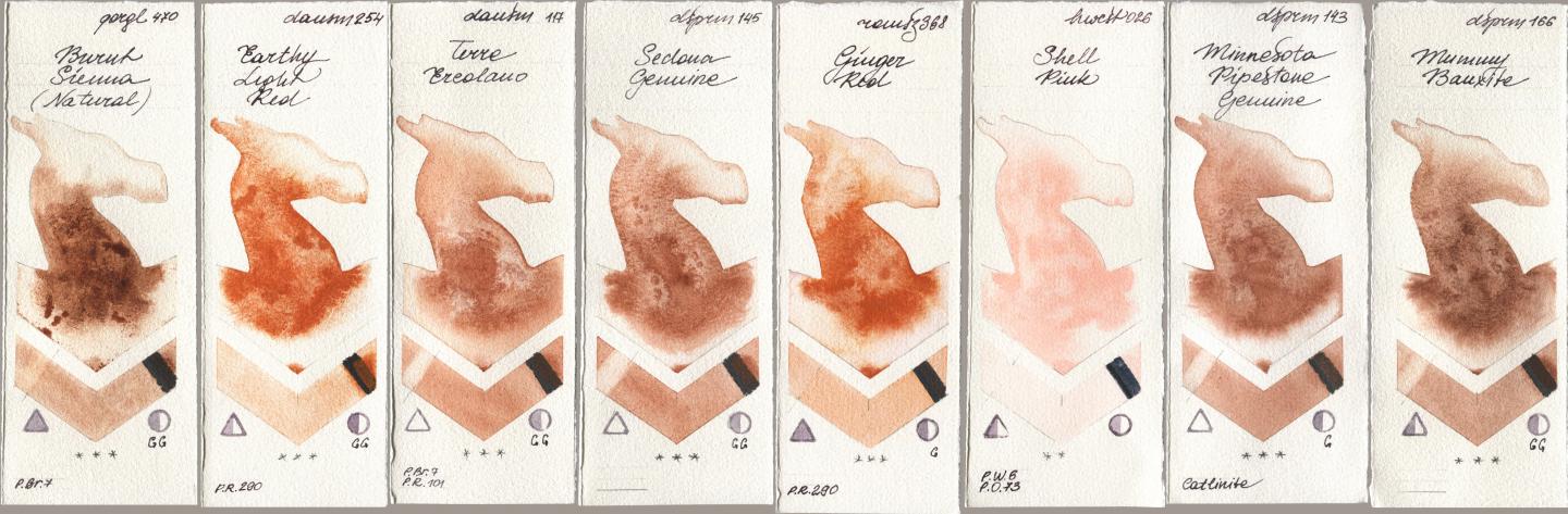 Golden QOR 470 Burnt Sienna (Natural), Daniel Smith 254 Earthy Light Red, 117 Terre Ercolano, 145 Sedona Genuine, Roman Szmal Aquarius 368 Genger Red, Holbein Artists Watercolor 026 Shell Pink, 143 Minnesota Pipestone Genuine, 166 Mummy Bauxi watercolor swatch