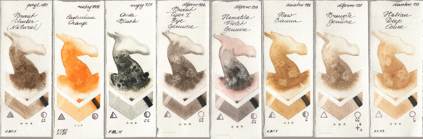 Golden QOR 480 Burnt Umber (Natural), Rosa Gallery 705 Cadmium Orange, Royal Talens Van Gogh Watercolour 735 Oxide Black, Daniel Smith 162 Burnt Tigers Eye Genuine, 157 Hematite Violet Genuine, 096 Raw Sienna, 199 Bronzite Genuine, 135 Italian Deep Och watercolor swatch