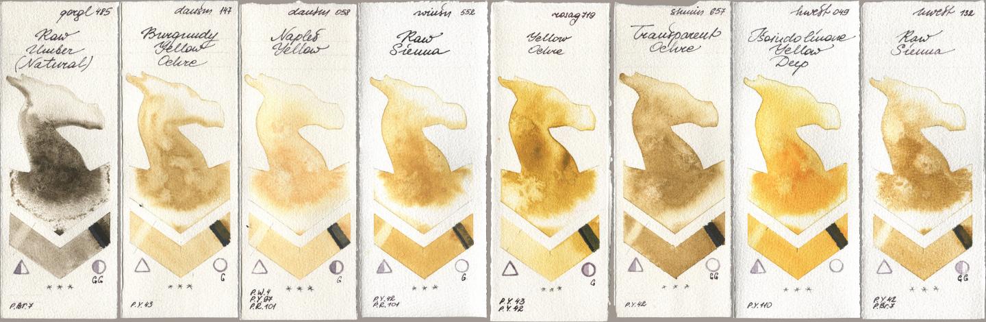 Golden QOR 485 Raw Umber (Natural), Daniel Smith 147 Burgundy Yellow Ochre, 058 Naples Yellow, Winsor & Newton Professional 552 Raw Sienna, Rosa Gallery 719 Yellow Ochre, Shminke Horadam Aquarell 657 Transparent Ochre, Holbein Artists Watercolor 049 Isoindolinone Yellow Deep, 132 Raw Sien watercolor swatch