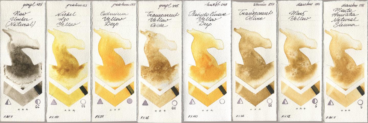 Golden QOR 485 Raw Umber (Natural), M. Graham & Co. Artists 123 Nickel Azo Yellow, 063 Cadmium Yellow Deep, 445 Transparent Yellow Oxide, Holbein Artists Watercolor 049 Isoindolinone Yellow Deep, Shminke Horadam Aquarell 657 Transparent Ochre, Daniel Smith 054 Mars Yellow, 056 Monte Amiata Natural Sien watercolor swatch