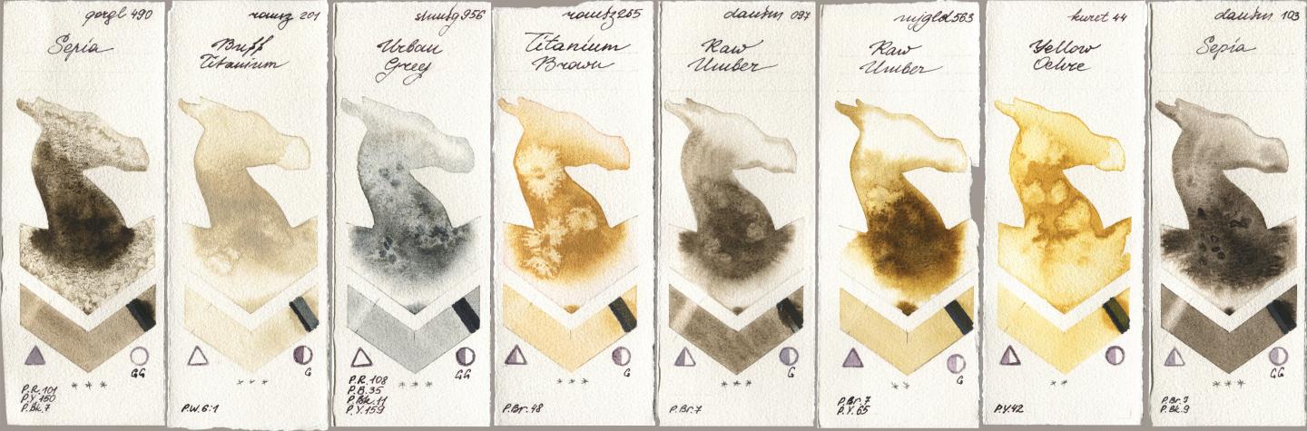 Golden QOR 490 Sepia, Roman Szmal Aquarius 201 Buff Titanium, Shminke Horadam Aquarell 956 Urban Grey, 265 Titanium Brown, Daniel Smith 097 Raw Umber, Mijello Mission Gold 563 Raw Umber, Kuretake Gansai Tambi 044 Yellow Ochre, 103 Sep watercolor swatch