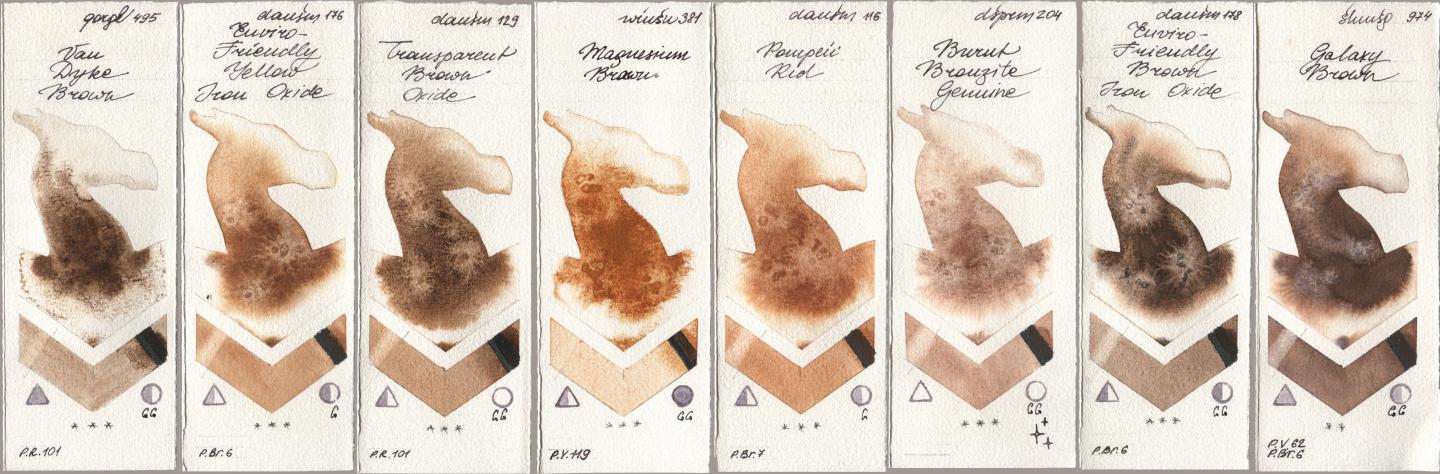 Golden QOR 495 Van Dyke Brown, Daniel Smith 176 Enviro-Friendly Yellow Iron Oxide, 129 Transparent Brown Oxide, Winsor & Newton Professional 381 Magnesuim Brown, 116 Pompeii Red, 204 Burnt Bronzite Genuine, 178 Enviro-Friendly Brown Iron Oxide, Shminke Horadam Aquarell 974 Galaxy Bro watercolor swatch