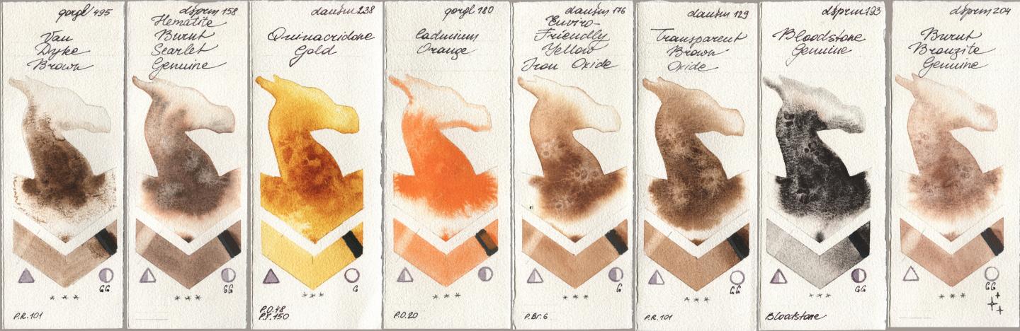 Golden QOR 495 Van Dyke Brown, Daniel Smith 158 Hematite Burnt Scarlet Genuine, 238 Quinacridone Gold, 180 Cadmium Orange, 176 Enviro-Friendly Yellow Iron Oxide, 129 Transparent Brown Oxide, 193 Bloodstone Genuine, 204 Burnt Bronzite Genui watercolor swatch