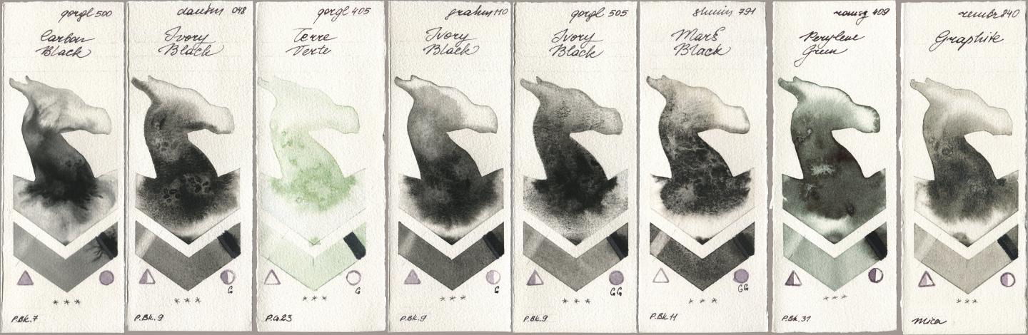 Golden QOR 500 Carbon Black, Daniel Smith 048 Ivory Black, 405 Terre Verte, M. Graham & Co. Artists 110 Ivory Black, 505 Ivory Black, Shminke Horadam Aquarell 791 Mars Black, Roman Szmal Aquarius 409 Perylene Green, Royal Talens Rembrandt Watercolour 840 Graphi watercolor swatch