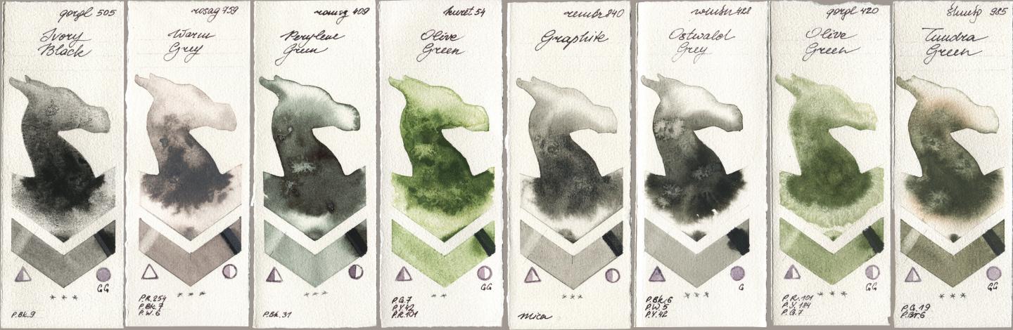 Golden QOR 505 Ivory Black, Rosa Gallery 759 Warm Grey, Roman Szmal Aquarius 409 Perylene Green, Kuretake Gansai Tambi 054 Olive Green, Royal Talens Rembrandt Watercolour 840 Graphite, Winsor & Newton Professional 428 Ostwald Grey, 420 Olive Green, Shminke Horadam Aquarell 985 Tundra Gre watercolor swatch
