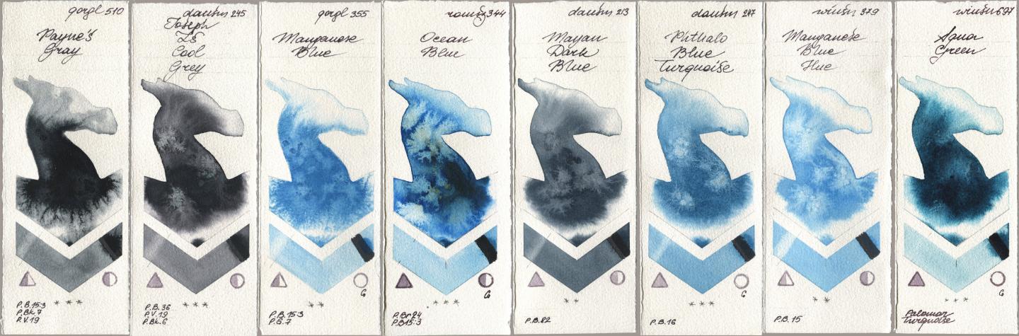 Golden QOR 510 Paynes Gray, Daniel Smith 245 Joseph Zs Cool Grey, 355 Manganese Blue, Roman Szmal Aquarius 344 Ocean Blue, 213 Mayan Dark Blue, 247 Phthalo Blue Turquoise, Winsor & Newton Professional 379 Manganese Blue Hue, 697 Aqua Gre watercolor swatch