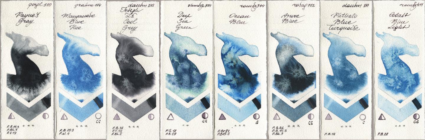 Golden QOR 510 Paynes Gray, M. Graham & Co. Artists 114 Manganese Blue Hue, Daniel Smith 245 Joseph Zs Cool Grey, Shminke Horadam Aquarell 954 Deep Sea Green, Roman Szmal Aquarius 344 Ocean Blue, Rosa Gallery 762 Azure Blue, 247 Phthalo Blue Turquoise, 411 Cobalt Blue Lig watercolor swatch