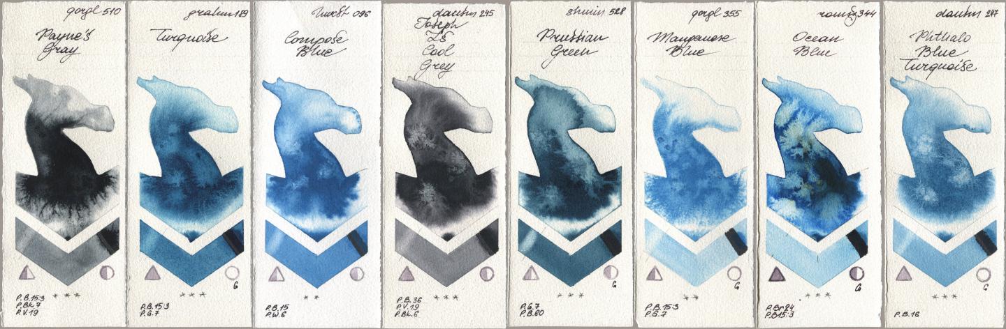 Golden QOR 510 Paynes Gray, M. Graham & Co. Artists 189 Turquoise, Holbein Artists Watercolor 096 Compose Blue, Daniel Smith 245 Joseph Zs Cool Grey, Shminke Horadam Aquarell 528 Prussian Green, 355 Manganese Blue, Roman Szmal Aquarius 344 Ocean Blue, 247 Phthalo Blue Turquoi watercolor swatch