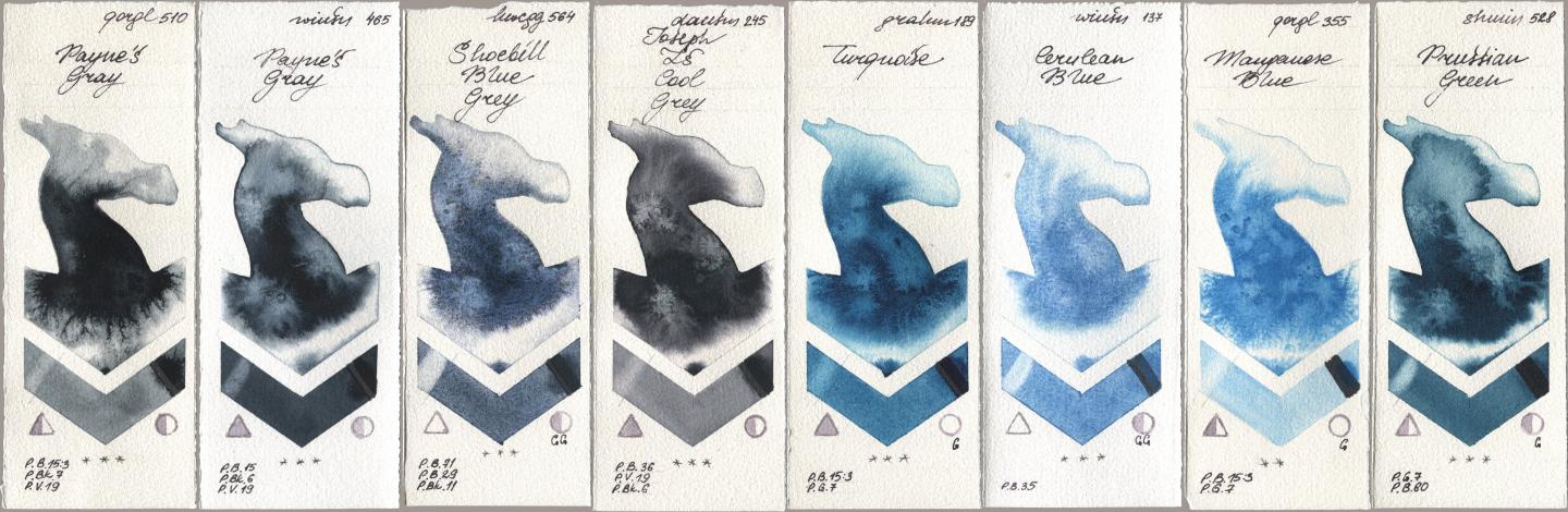 Golden QOR 510 Paynes Gray, Winsor & Newton Professional 465 Paynes Gray, Holbein Artists Watercolor 564 Shoebill Blue Grey, Daniel Smith 245 Joseph Zs Cool Grey, M. Graham & Co. Artists 189 Turquoise, 137 Cerulean Blue, 355 Manganese Blue, Shminke Horadam Aquarell 528 Prussian Gre watercolor swatch