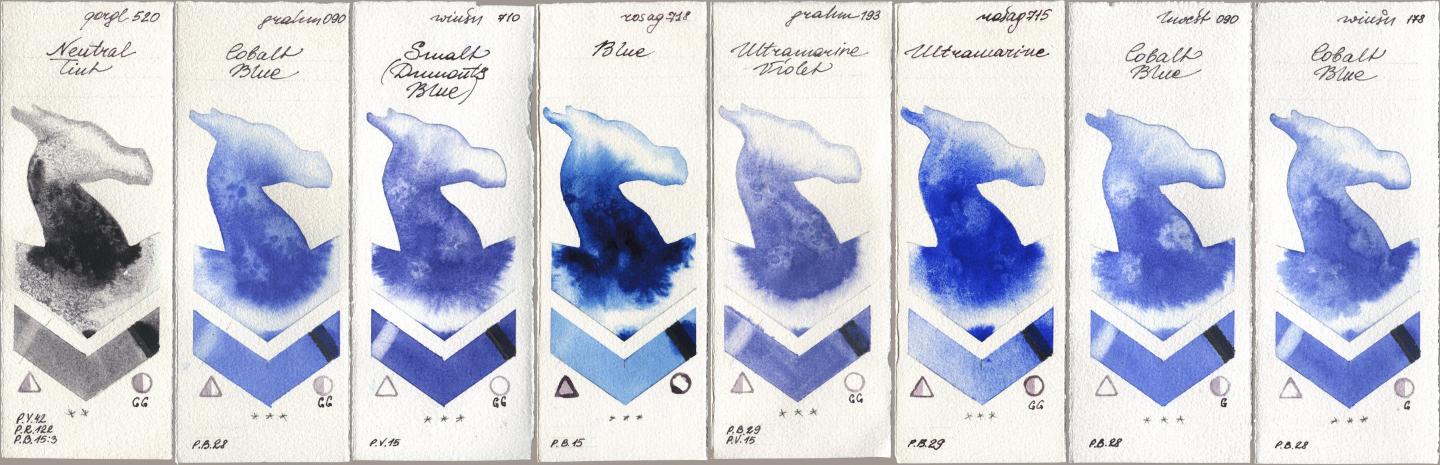 Golden QOR 520 Neutral Tint, M. Graham & Co. Artists 090 Cobalt Blue, Winsor & Newton Professional 710 Smalt (Dumonts Blue), Rosa Gallery 718 Blue, 193 Ultramarine Violet, 715 Ultramarine, Holbein Artists Watercolor 090 Cobalt Blue, 178 Cobalt Bl watercolor swatch