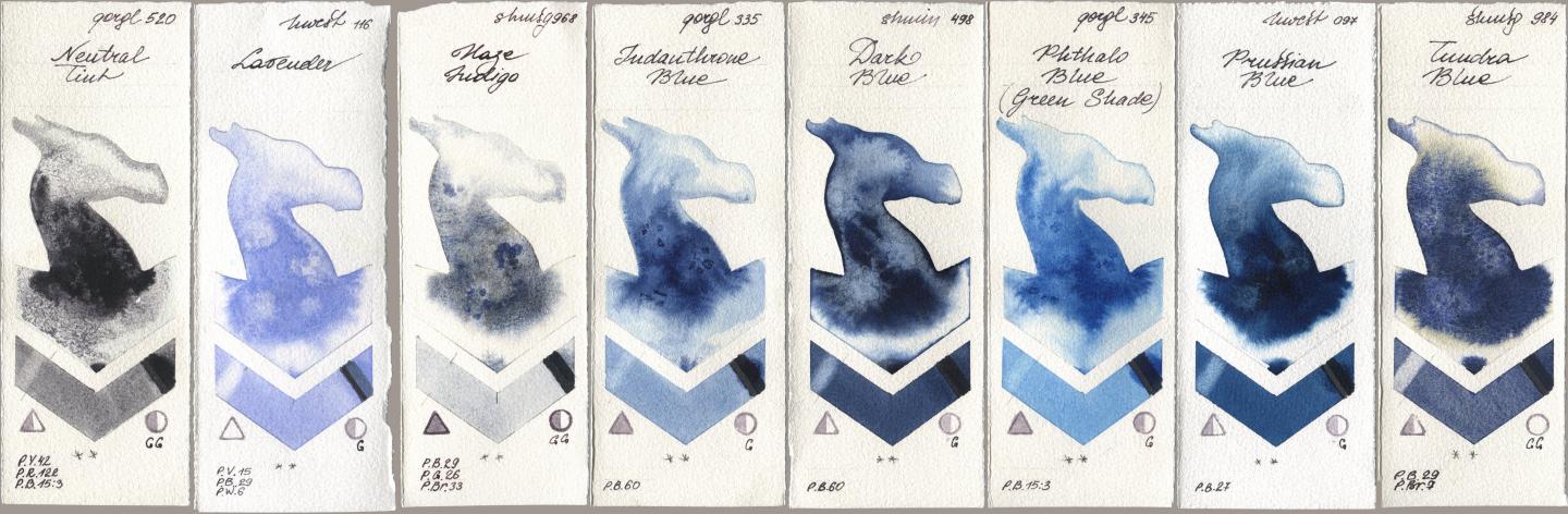 Golden QOR 520 Neutral Tint, Holbein Artists Watercolor 116 Lavender, Shminke Horadam Aquarell 968 Haze Indigo, 335 Indanthrone Blue, 498 Dark Blue, 345 Phthalo Blue (Green Shade), 097 Prussian Blue, 984 Tundra Bl watercolor swatch