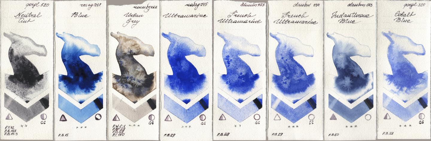 Golden QOR 520 Neutral Tint, Rosa Gallery 718 Blue, Roman Szmal Aquarius 262 Urban Grey, 715 Ultramarine, Shminke Horadam Aquarell 493 French Ultramarine, Daniel Smith 034 French Ultramarine, 043 Indanthrone Blue, 320 Cobalt Bl watercolor swatch