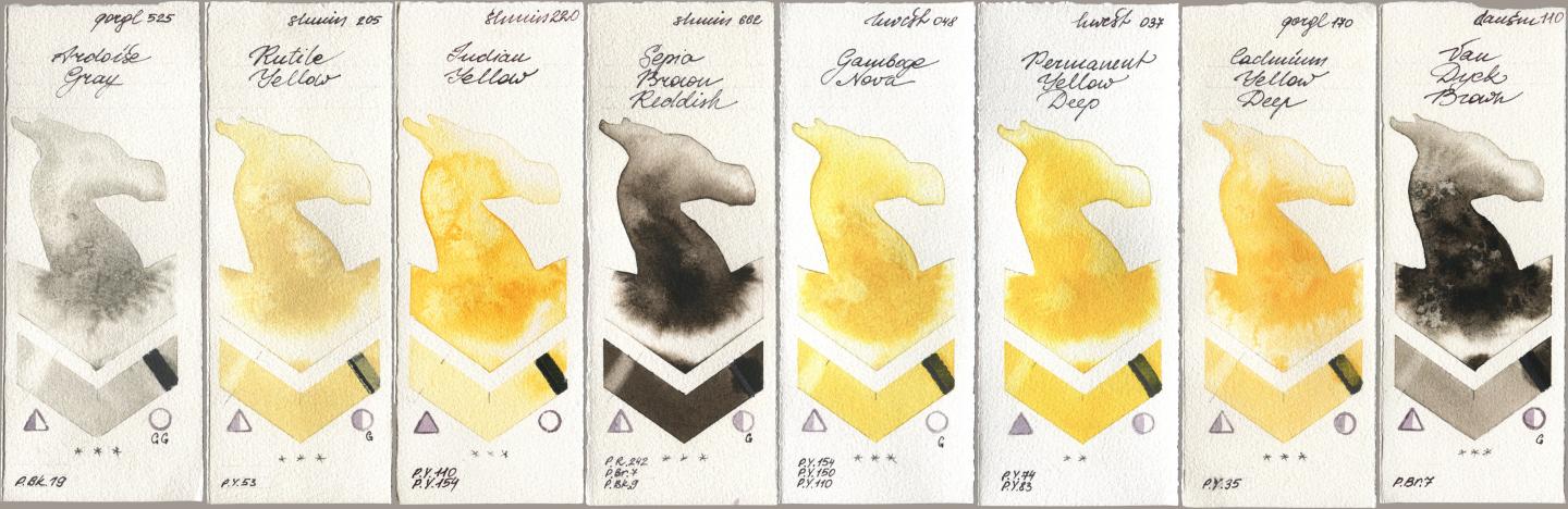 Golden QOR 525 Ardoise Gray, Shminke Horadam Aquarell 205 Rutile Yellow, 220 Indian Yellow, 662 Sepia Brown Reddish, Holbein Artists Watercolor 048 Gamboge Nova, 037 Permanent Yellow Deep, 170 Cadmium Yellow Deep, Daniel Smith 110 Van Dyck Bro watercolor swatch