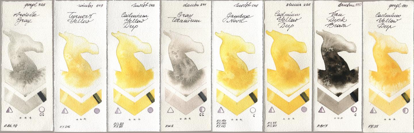 Golden QOR 525 Ardoise Gray, Winsor & Newton Professional 649 Turners Yellow, Holbein Artists Watercolor 043 Cadmium Yellow Deep, Daniel Smith 241 Gray Titanium, 048 Gamboge Nova, Shminke Horadam Aquarell 226 Cadmium Yellow Deep, 110 Van Dyck Brown, 170 Cadmium Yellow De watercolor swatch