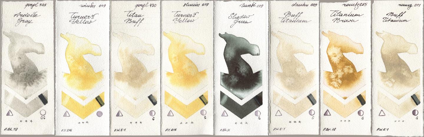 Golden QOR 525 Ardoise Gray, Winsor & Newton Professional 649 Turners Yellow, 430 Titan Buff, Shminke Horadam Aquarell 219 Turner‘s Yellow, Holbein Artists Watercolor 079 Shadow Green, Daniel Smith 009 Buff Titanium, Roman Szmal Aquarius 265 Titanium Brown, 201 Buff Titani watercolor swatch