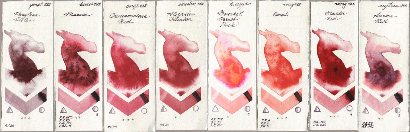 Golden QOR 635 Perylene Violet, Kuretake Gansai Tambi 072 Maroon, 235 Quinacridone Red, Daniel Smith 004 Alizarin Crimson, Holbein Artists Watercolor 501 Bourkes Parrot Pink, Rosa Gallery 756 Coral, 725 Madder Red, Mijello Mission Gold 806 Aurora R watercolor swatch