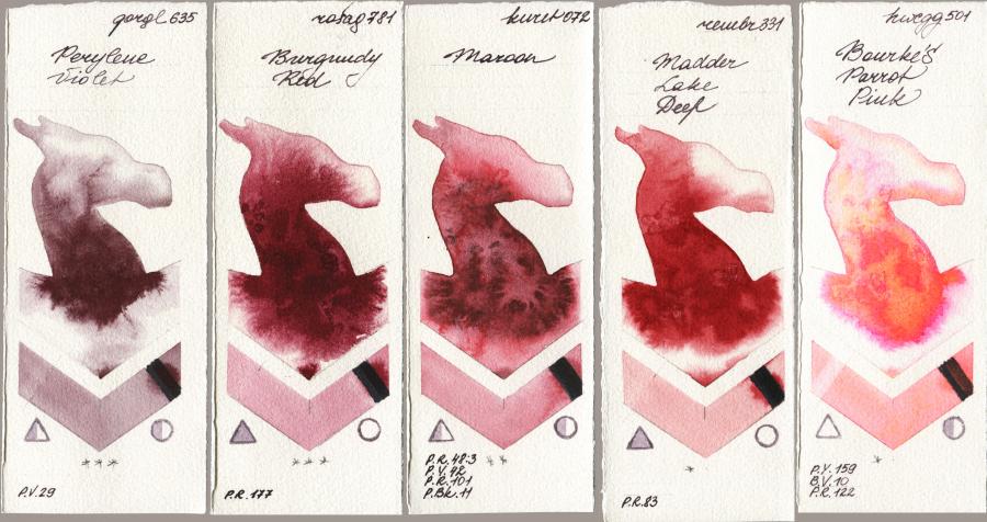 Golden QOR 635 Perylene Violet vs Rosa Gallery 781 Burgundy Red vs Kuretake Gansai Tambi 072 Maroon vs Royal Talens Rembrandt Watercolour 331 Madder Lake Deep vs Holbein Artists Watercolor 501 Bourkes Parrot Pink watercolor swatch