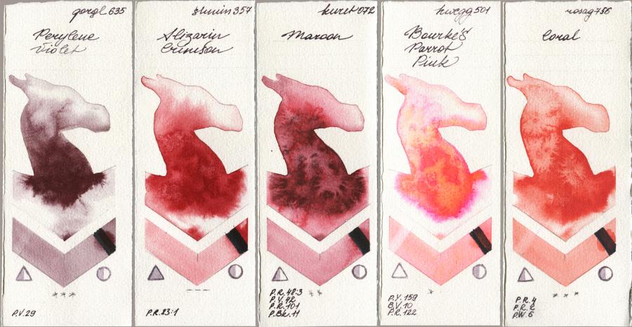 Golden QOR 635 Perylene Violet vs Shminke Horadam Aquarell 357 Alizarin Crimson vs Kuretake Gansai Tambi 072 Maroon vs Holbein Artists Watercolor 501 Bourkes Parrot Pink vs Rosa Gallery 756 Coral watercolor swatch