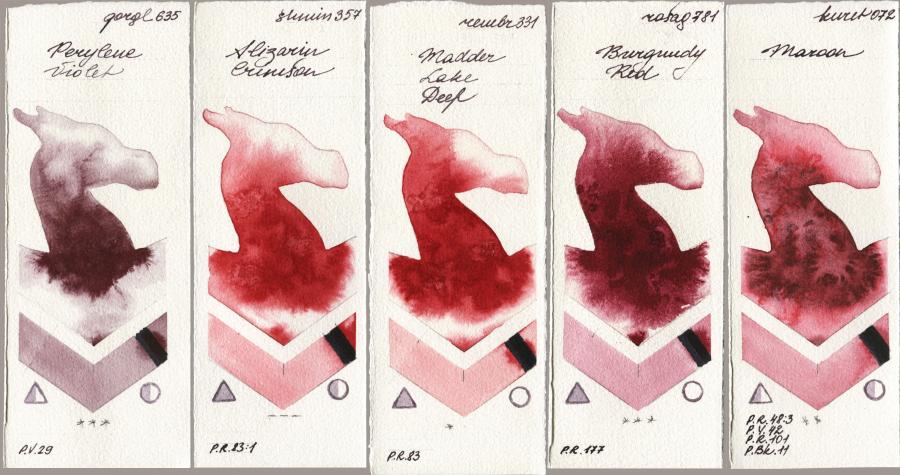 Golden QOR 635 Perylene Violet vs Shminke Horadam Aquarell 357 Alizarin Crimson vs Royal Talens Rembrandt Watercolour 331 Madder Lake Deep vs Rosa Gallery 781 Burgundy Red vs Kuretake Gansai Tambi 072 Maroon watercolor swatch