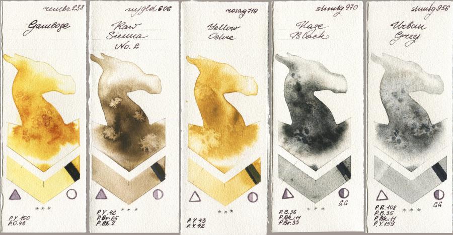 Royal Talens Rembrandt Watercolour 238 Gamboge vs Mijello Mission Gold 606 Raw Sienna No 2 vs Rosa Gallery 719 Yellow Ochre vs Shminke Horadam Aquarell 970 Haze Black vs 956 Urban Grey watercolor swatch