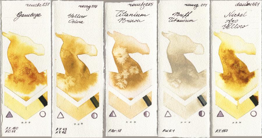 Royal Talens Rembrandt Watercolour 238 Gamboge vs Rosa Gallery 719 Yellow Ochre vs Roman Szmal Aquarius 265 Titanium Brown vs 201 Buff Titanium vs Daniel Smith 061 Nickel Azo Yellow watercolor swatch