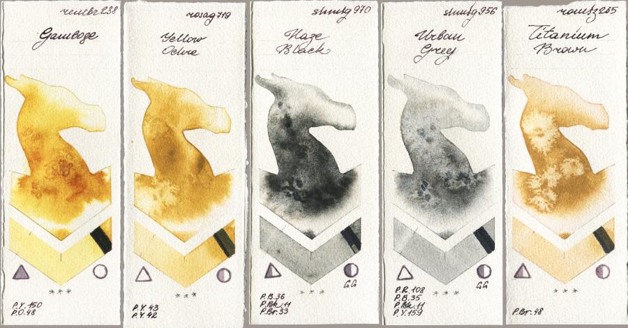 Royal Talens Rembrandt Watercolour 238 Gamboge vs Rosa Gallery 719 Yellow Ochre vs Shminke Horadam Aquarell 970 Haze Black vs 956 Urban Grey vs Roman Szmal Aquarius 265 Titanium Brown watercolor swatch