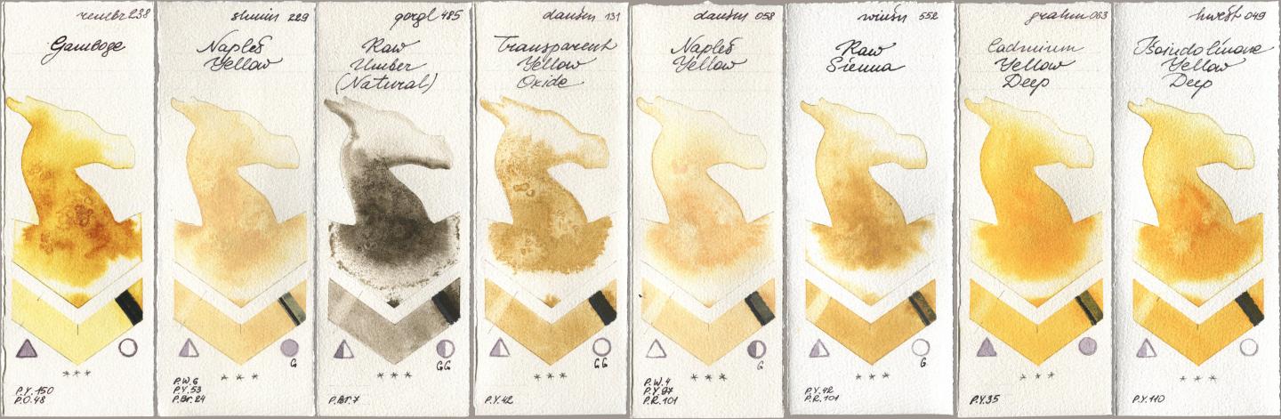 Royal Talens Rembrandt Watercolour 238 Gamboge, Shminke Horadam Aquarell 229 Naples Yellow, Golden QOR 485 Raw Umber (Natural), Daniel Smith 131 Transparent Yellow Oxide, 058 Naples Yellow, Winsor & Newton Professional 552 Raw Sienna, M. Graham & Co. Artists 063 Cadmium Yellow Deep, Holbein Artists Watercolor 049 Isoindolinone Yellow De watercolor swatch