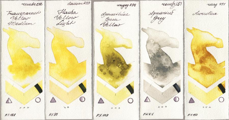 Royal Talens Rembrandt Watercolour 272 Transparent Yellow Medium vs Daniel Smith 039 Hansa Yellow Light vs Royal Talens Van Gogh Watercolour 296 Azomethine Green Yellow vs Roman Szmal Aquarius 253 Aquarius Grey vs Rosa Gallery 751 Aureoline watercolor swatch