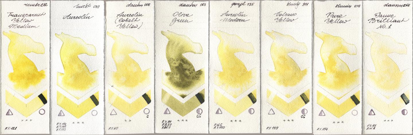 Royal Talens Rembrandt Watercolour 272 Transparent Yellow Medium, Holbein Artists Watercolor 039 Aureolin, Daniel Smith 006 Aureolin (Cobalt Yellow), 063 Olive Green, Golden QOR 135 Aureolin Modern, Shminke Horadam Aquarell 911 Volcano Yellow, 216 Pure Yellow, 256 Jaune Brilliant No watercolor swatch