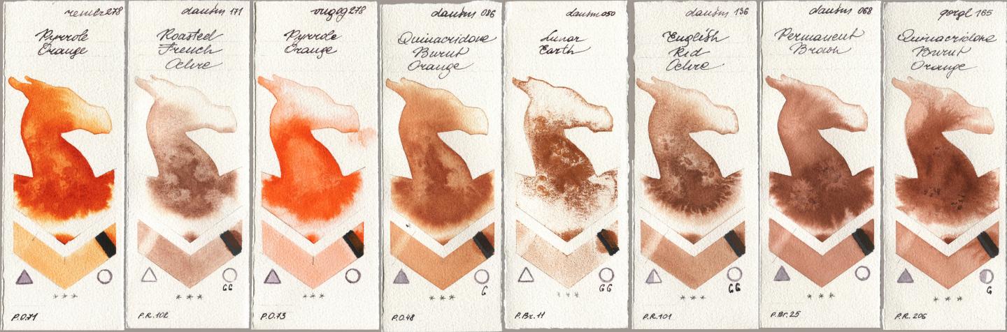 Royal Talens Rembrandt Watercolour 278 Pyrrole Orange, Daniel Smith 171 Roasted French Ochre, Royal Talens Van Gogh Watercolour 278 Pyrrole Orange, 086 Quinacridone Burnt Orange, 050 Lunar Earth, 136 English Red Ochre, 068 Permanent Brown, Golden QOR 165 Quinacridone Burnt Oran watercolor swatch
