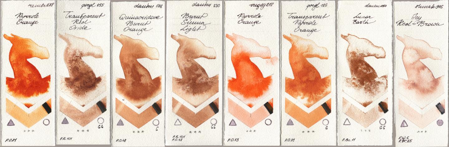 Royal Talens Rembrandt Watercolour 278 Pyrrole Orange, Golden QOR 455 Transparent Red Oxide, Daniel Smith 086 Quinacridone Burnt Orange, 230 Burnt Sienna Light, Royal Talens Van Gogh Watercolour 278 Pyrrole Orange, 185 Transparent Pyrrole Orange, 050 Lunar Earth, Shminke Akademie Aquarell 916 Icy Red-Bro watercolor swatch