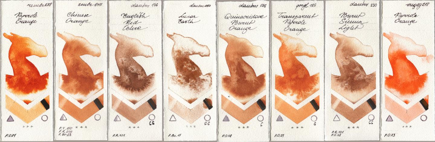 Royal Talens Rembrandt Watercolour 278 Pyrrole Orange, Sennelier l Aquarelle 645 Chinese Orange, Daniel Smith 136 English Red Ochre, 050 Lunar Earth, 086 Quinacridone Burnt Orange, Golden QOR 185 Transparent Pyrrole Orange, 230 Burnt Sienna Light, Royal Talens Van Gogh Watercolour 278 Pyrrole Oran watercolor swatch