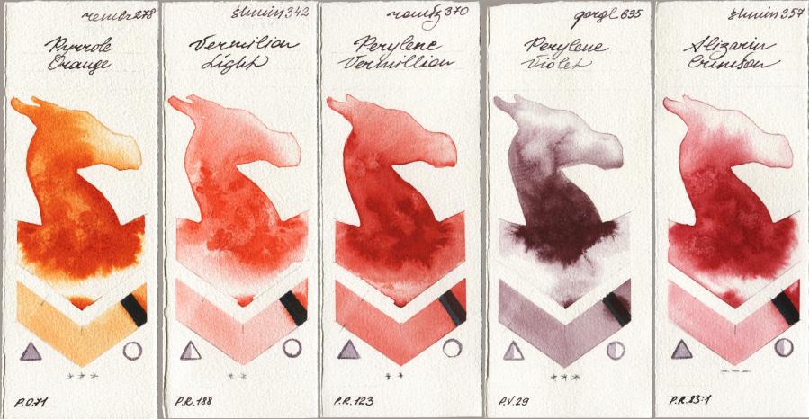 Royal Talens Rembrandt Watercolour 278 Pyrrole Orange vs Shminke Horadam Aquarell 342 Vermilion Light vs Roman Szmal Aquarius 370 Perylene Vermillion vs Golden QOR 635 Perylene Violet vs 357 Alizarin Crimson watercolor swatch
