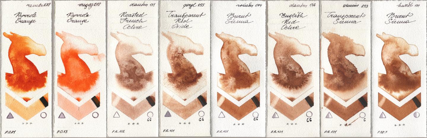 Royal Talens Rembrandt Watercolour 278 Pyrrole Orange, Royal Talens Van Gogh Watercolour 278 Pyrrole Orange, Daniel Smith 171 Roasted French Ochre, Golden QOR 455 Transparent Red Oxide, Winsor & Newton Professional 074 Burnt Sienna, 136 English Red Ochre, Shminke Horadam Aquarell 653 Transparent Sienna, Holbein Artists Watercolor 134 Burnt Sien watercolor swatch