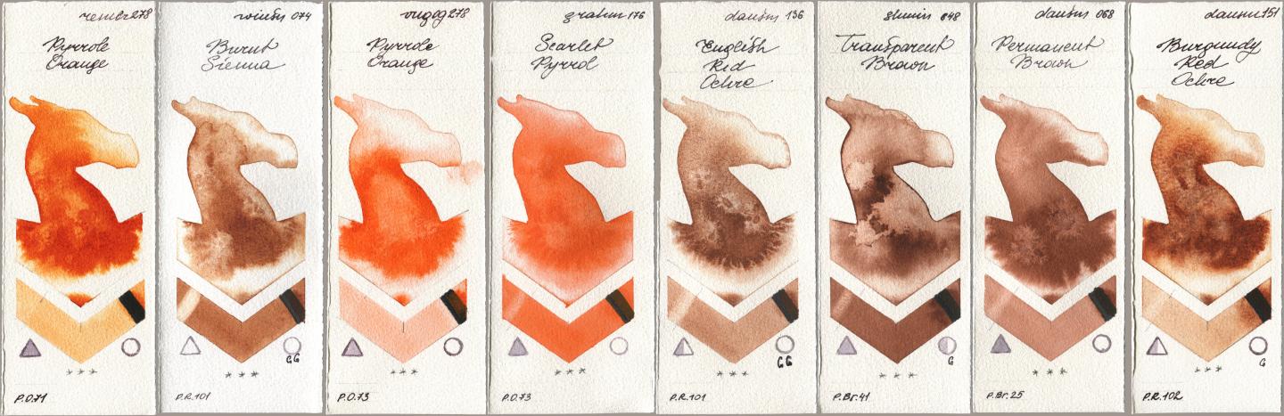 Royal Talens Rembrandt Watercolour 278 Pyrrole Orange, Winsor & Newton Professional 074 Burnt Sienna, Royal Talens Van Gogh Watercolour 278 Pyrrole Orange, M. Graham & Co. Artists 176 Scarlet Pyrrol, Daniel Smith 136 English Red Ochre, Shminke Horadam Aquarell 648 Transparent Brown, 068 Permanent Brown, 151 Burgundy Red Och watercolor swatch