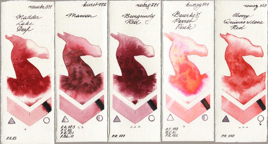 Royal Talens Rembrandt Watercolour 331 Madder Lake Deep vs Kuretake Gansai Tambi 072 Maroon vs Rosa Gallery 781 Burgundy Red vs Holbein Artists Watercolor 501 Bourkes Parrot Pink vs Roman Szmal Aquarius 329 Cherry Quinacridone Red watercolor swatch