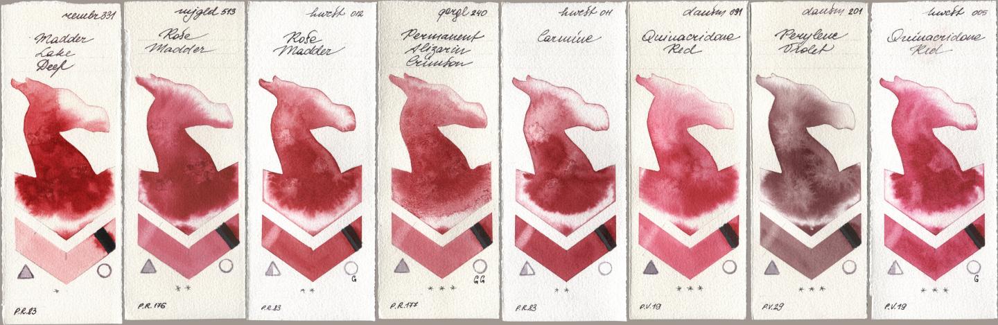 Royal Talens Rembrandt Watercolour 331 Madder Lake Deep, Mijello Mission Gold 513 Rose Madder, Holbein Artists Watercolor 012 Rose Madder, Golden QOR 240 Permanent Alizarin Crimson, 011 Carmine, Daniel Smith 091 Quinacridone Red, 201 Perylene Violet, 005 Quinacridone R watercolor swatch