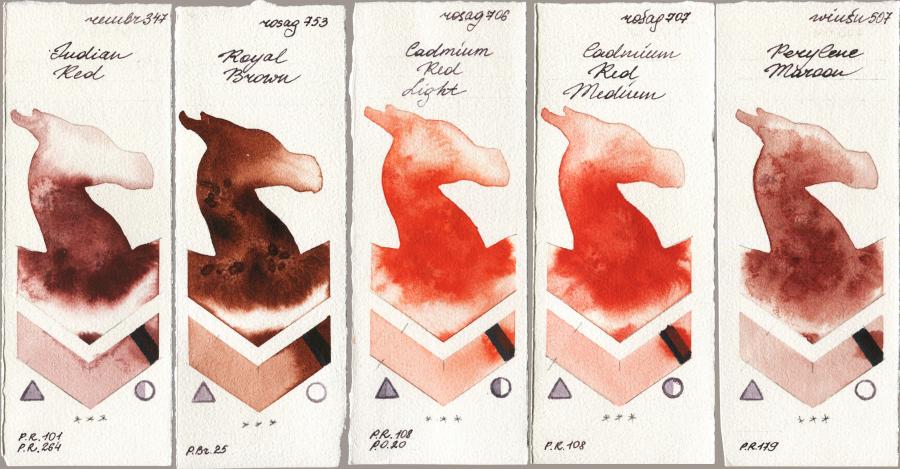 Royal Talens Rembrandt Watercolour 347 Indian Red vs Rosa Gallery 753 Royal Brown vs 706 Cadmium Red Light vs 707 Cadmium Red Medium vs Winsor & Newton Professional 507 Perylene Maroon watercolor swatch